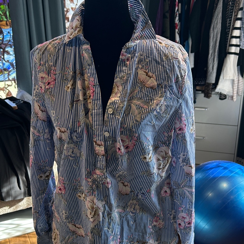 Talbots Blue and White Striped Button-Down Shirt with Pink Floral Print